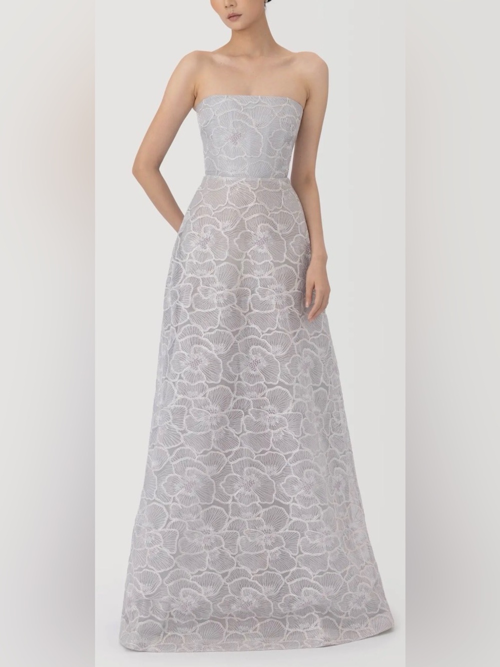NEW SAU LEE Yvonne Floral Embroidered Strapless sliver gray Gown sz 14